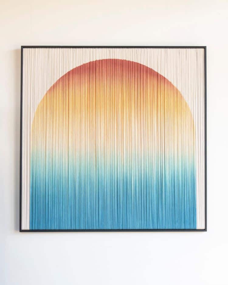 Framed Orange, Yellow, and Blue Gradient Sun Piece Made From Fiber
